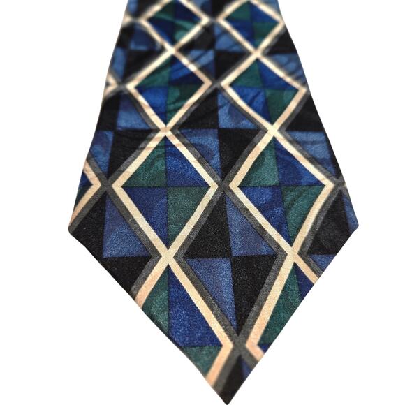 Ziggurat by Mulberry Silk Tie Geometric Diamond Pattern Blue Green 3 3/4” x 60” - Picture 2 of 4